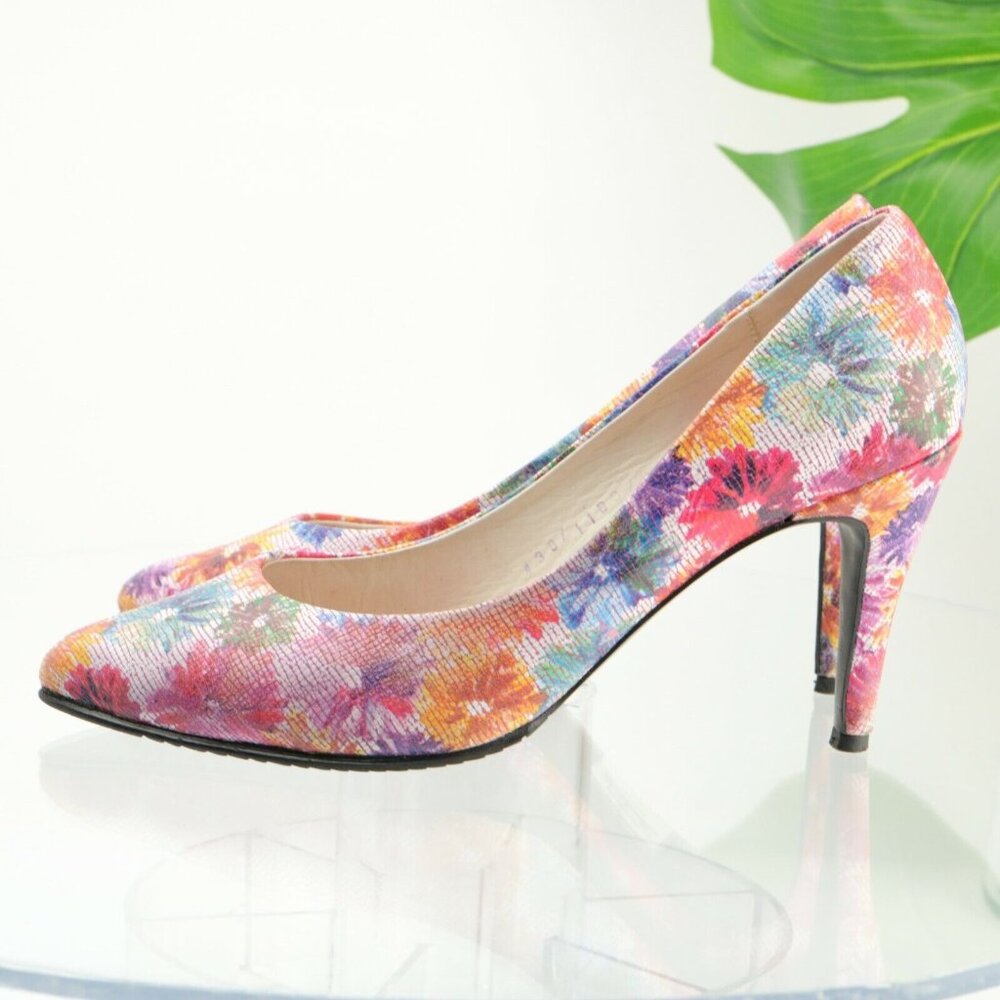 Lucita Women's Pump Size 8 Floral Print Red Blue Leather Pointed Heel Dress Shoe - Picture 8 of 12